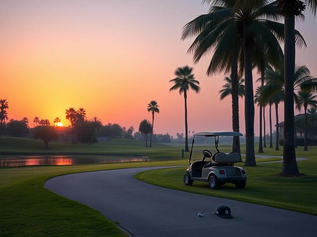 Flick International Abandoned golf cart on a serene golf course at dusk