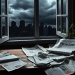 Flick International Weathered wooden desk with crumpled newspaper articles about media attacks on Sen. John Fetterman