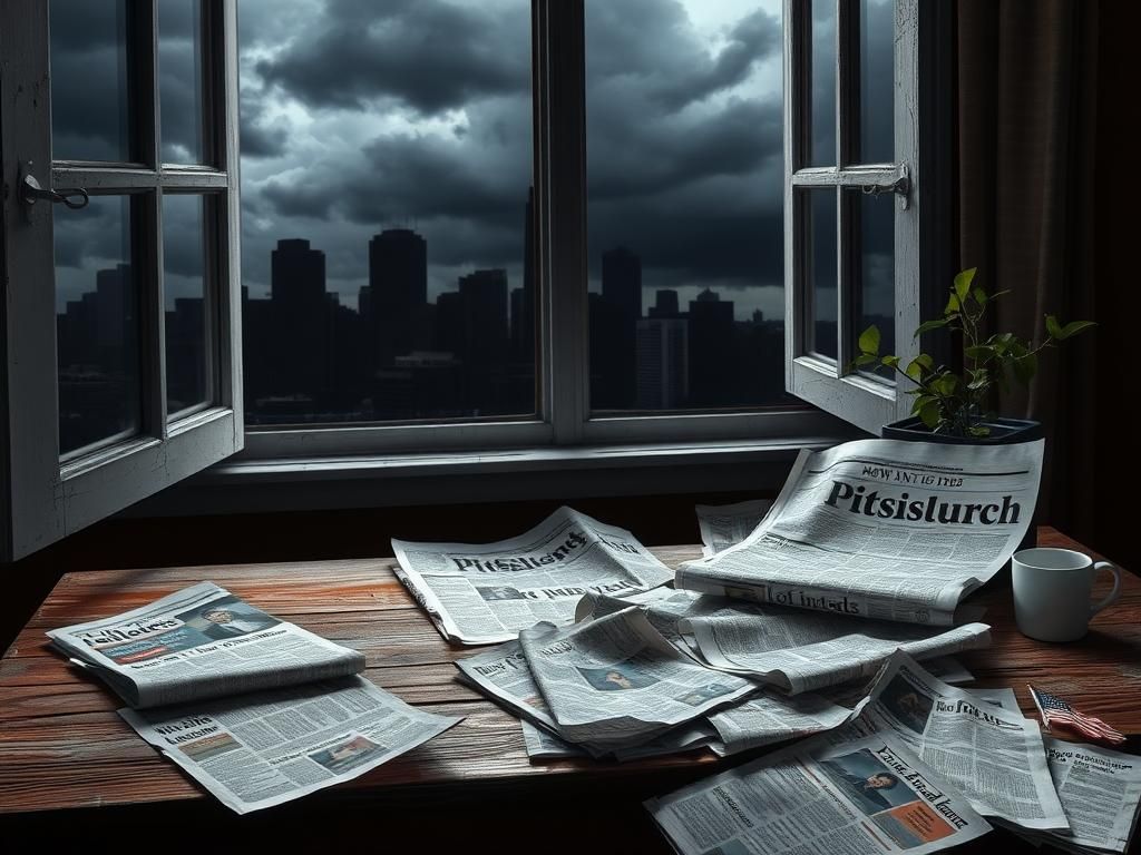 Flick International Weathered wooden desk with crumpled newspaper articles about media attacks on Sen. John Fetterman