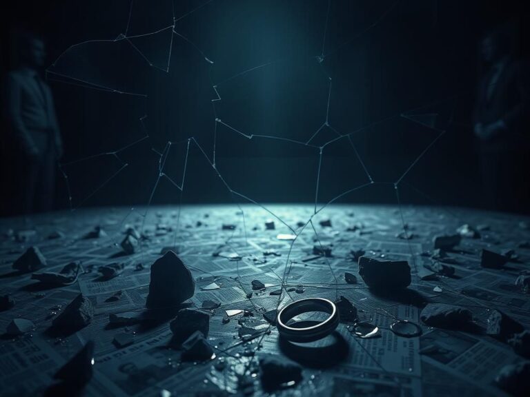Flick International Dimly lit courtroom with shattered glass and a wedding ring fragment