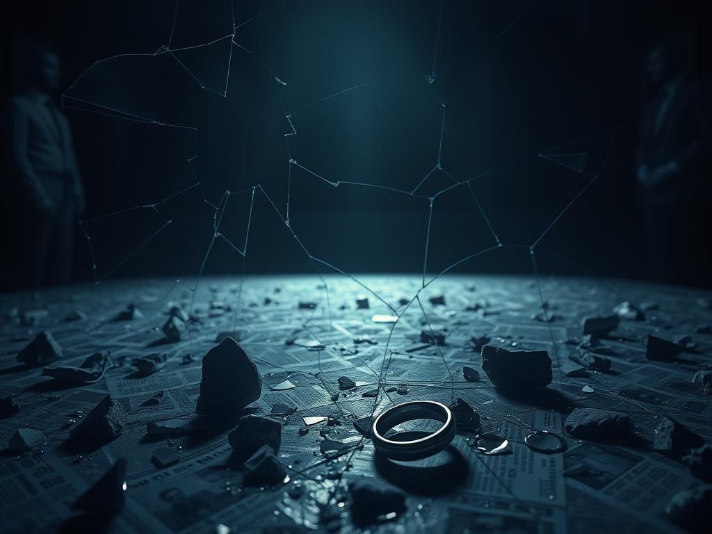 Flick International Dimly lit courtroom with shattered glass and a wedding ring fragment