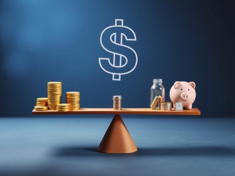 Flick International Conceptual seesaw with gold coins on one side and a piggy bank on the other, symbolizing economic disparity