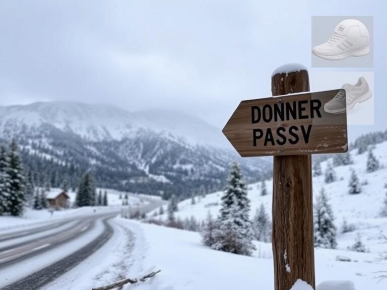 Flick International Rugged mountain landscape at Donner Pass in winter showing heavy snowfall and a weathered signpost.