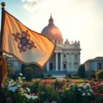 Flick International A serene view of St. Peter's Basilica with a papal flag