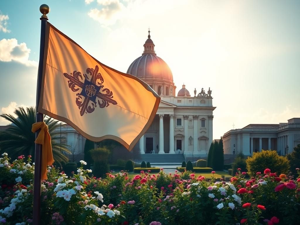 Flick International A serene view of St. Peter's Basilica with a papal flag