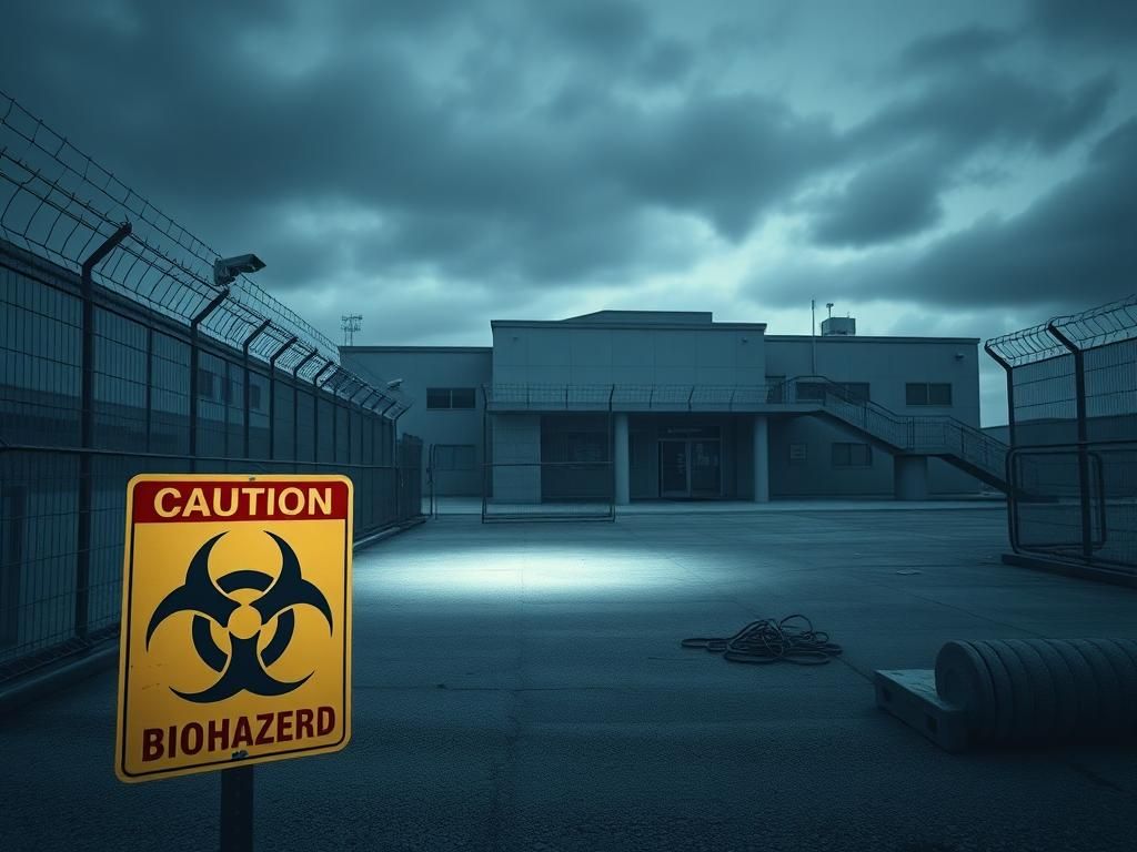 Flick International Exterior view of a high-security infectious disease research facility with barbed wire and surveillance cameras