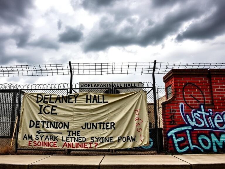 Flick International A stark view of the Delaney Hall ICE detention center in Newark, New Jersey, showcasing heavy gates and barbed wire.