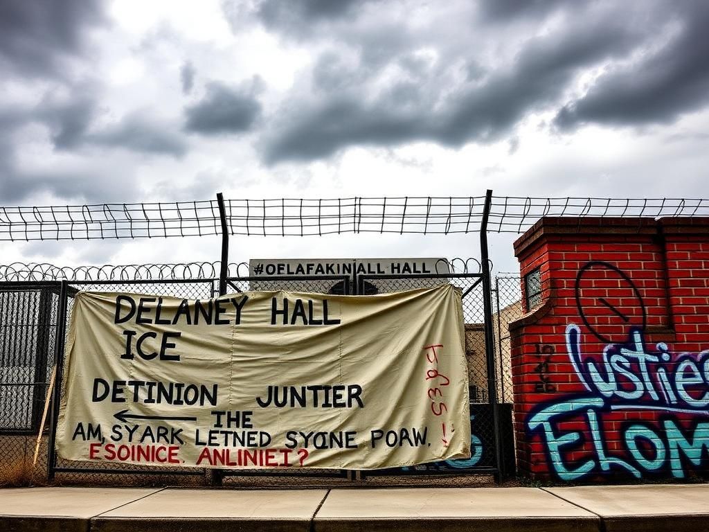 Flick International A stark view of the Delaney Hall ICE detention center in Newark, New Jersey, showcasing heavy gates and barbed wire.