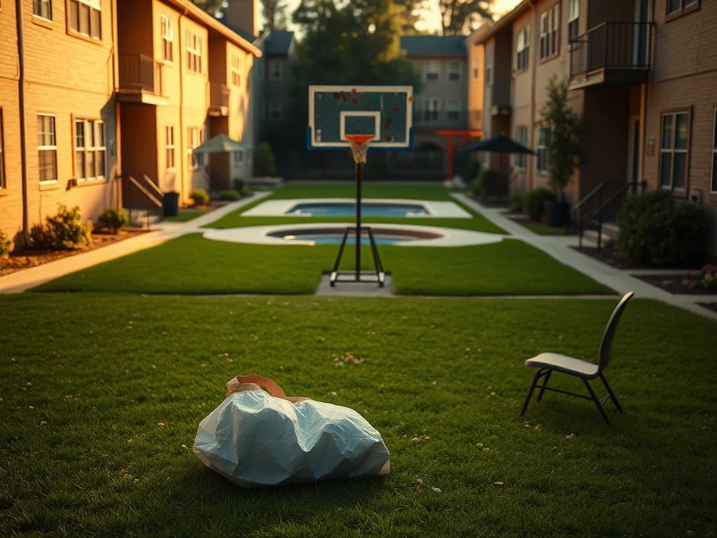 Flick International Serene courtyard in North Carolina showcasing a peaceful scene with a bullet-ridden basketball backboard symbolizing recent violence.