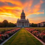Flick International Grand old cathedral under a vibrant sunset sky in a serene landscape