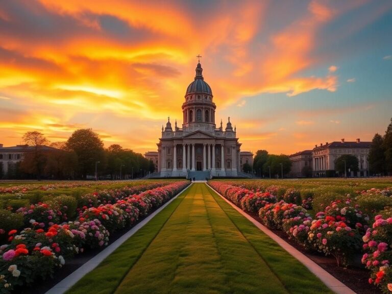 Flick International Grand old cathedral under a vibrant sunset sky in a serene landscape
