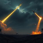 Flick International Dramatic landscape illustrating military tension between India and Pakistan with missile trails in a dark sky