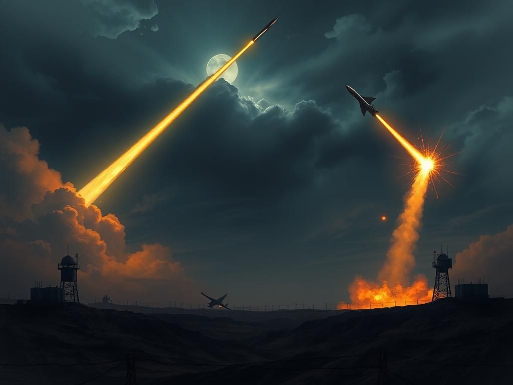 Flick International Dramatic landscape illustrating military tension between India and Pakistan with missile trails in a dark sky