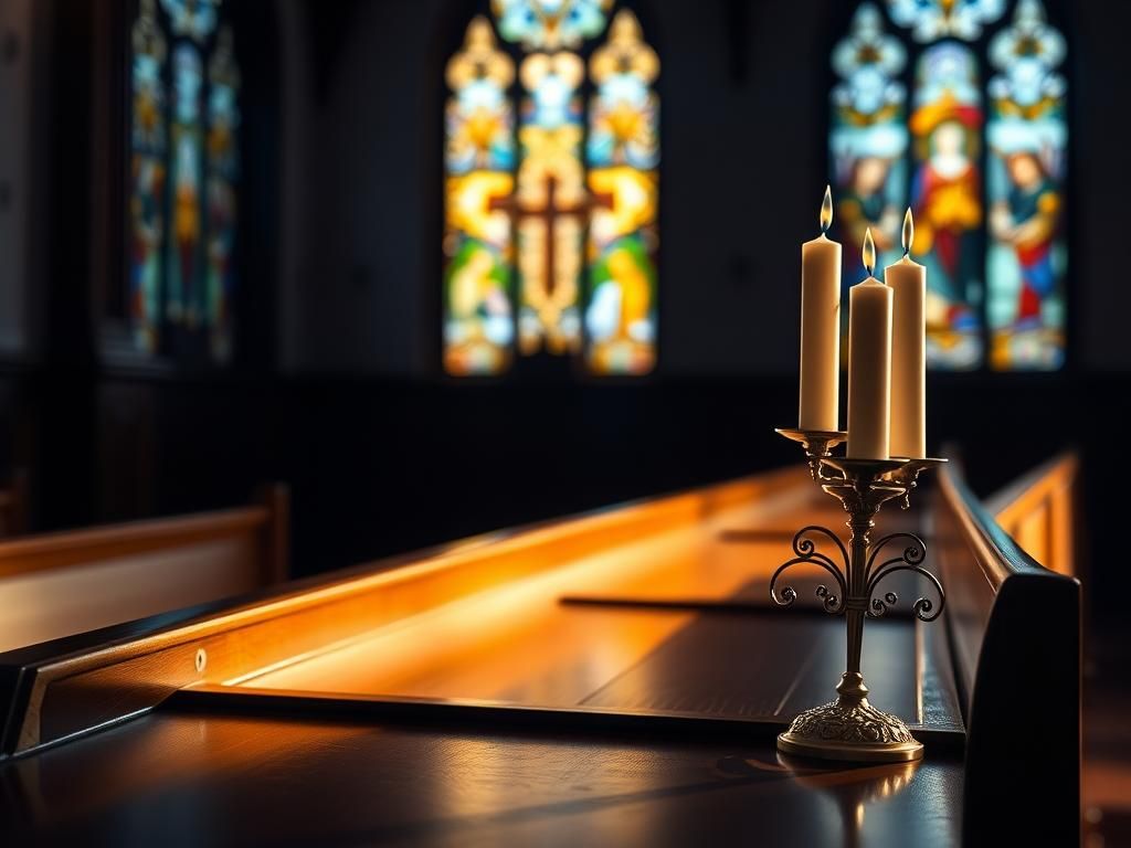 Flick International Traditional church interior with stained glass windows and candle holder symbolizing hope