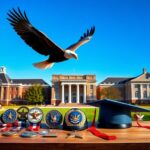 Flick International Eagle soaring over military academies with emblems symbolizing merit
