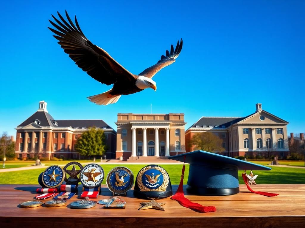 Flick International Eagle soaring over military academies with emblems symbolizing merit