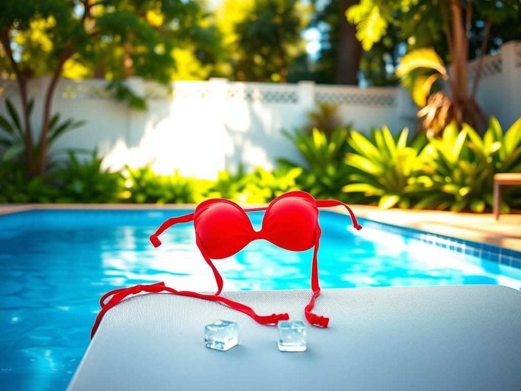 Flick International Bright red bikini draped over a sun lounger beside a sparkling blue pool