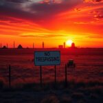 Flick International Sunset over Texas landscape with 'No Trespassing' sign symbolizing resistance to foreign land grabs