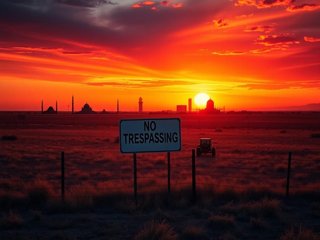 Flick International Sunset over Texas landscape with 'No Trespassing' sign symbolizing resistance to foreign land grabs