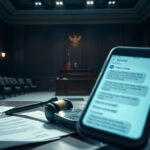 Flick International Dimly lit courtroom scene with scattered legal documents and a cellphone displaying flirty text messages