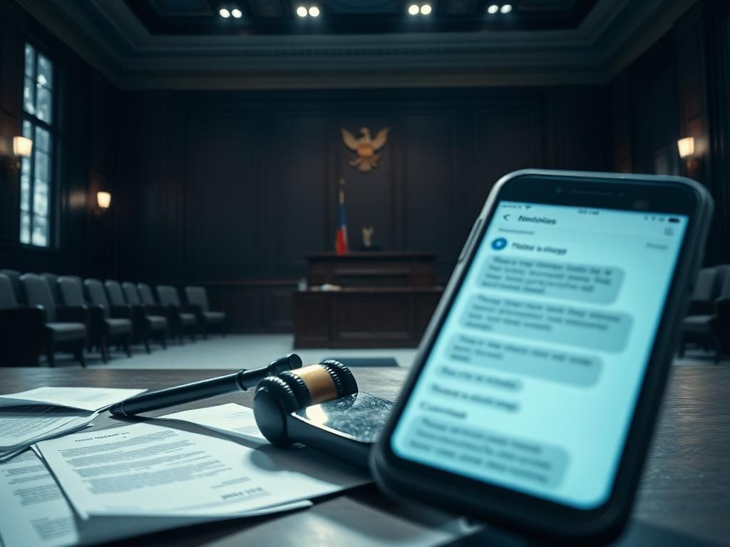 Flick International Dimly lit courtroom scene with scattered legal documents and a cellphone displaying flirty text messages