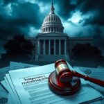 Flick International Dramatic view of a federal government building with shadows symbolizing uncertainty