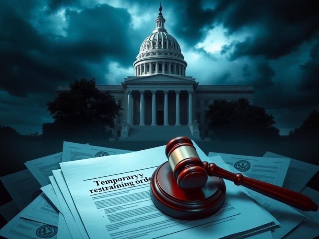 Flick International Dramatic view of a federal government building with shadows symbolizing uncertainty