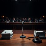 Flick International Dimly lit courtroom with an empty witness stand symbolizing missing key witness