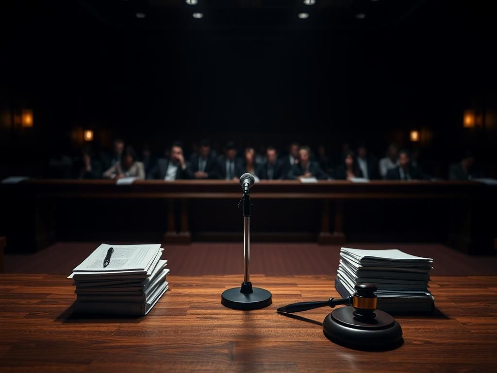 Flick International Dimly lit courtroom with an empty witness stand symbolizing missing key witness