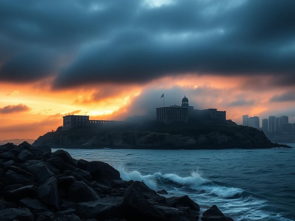 Flick International Haunting view of Alcatraz Island with mist and dramatic sunset