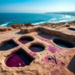 Flick International Aerial view of an ancient purple dye factory at Tel Shiqmona, Israel, with stone vats and dye remnants.