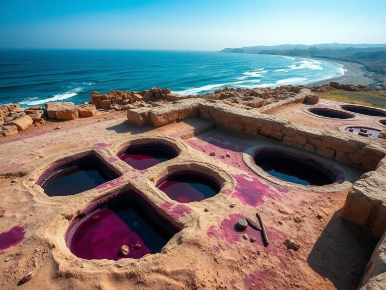 Flick International Aerial view of an ancient purple dye factory at Tel Shiqmona, Israel, with stone vats and dye remnants.