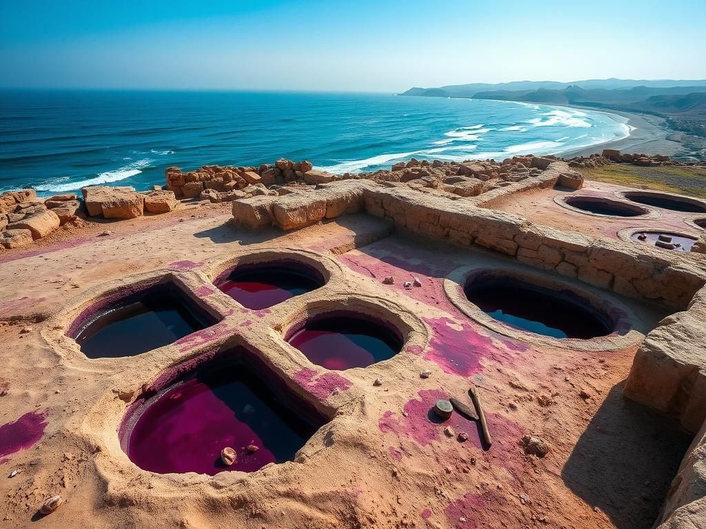 Flick International Aerial view of an ancient purple dye factory at Tel Shiqmona, Israel, with stone vats and dye remnants.