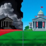 Flick International Abstract representation of divided legal landscape with crumbling courthouse and modern courthouse symbolizing immigration issues