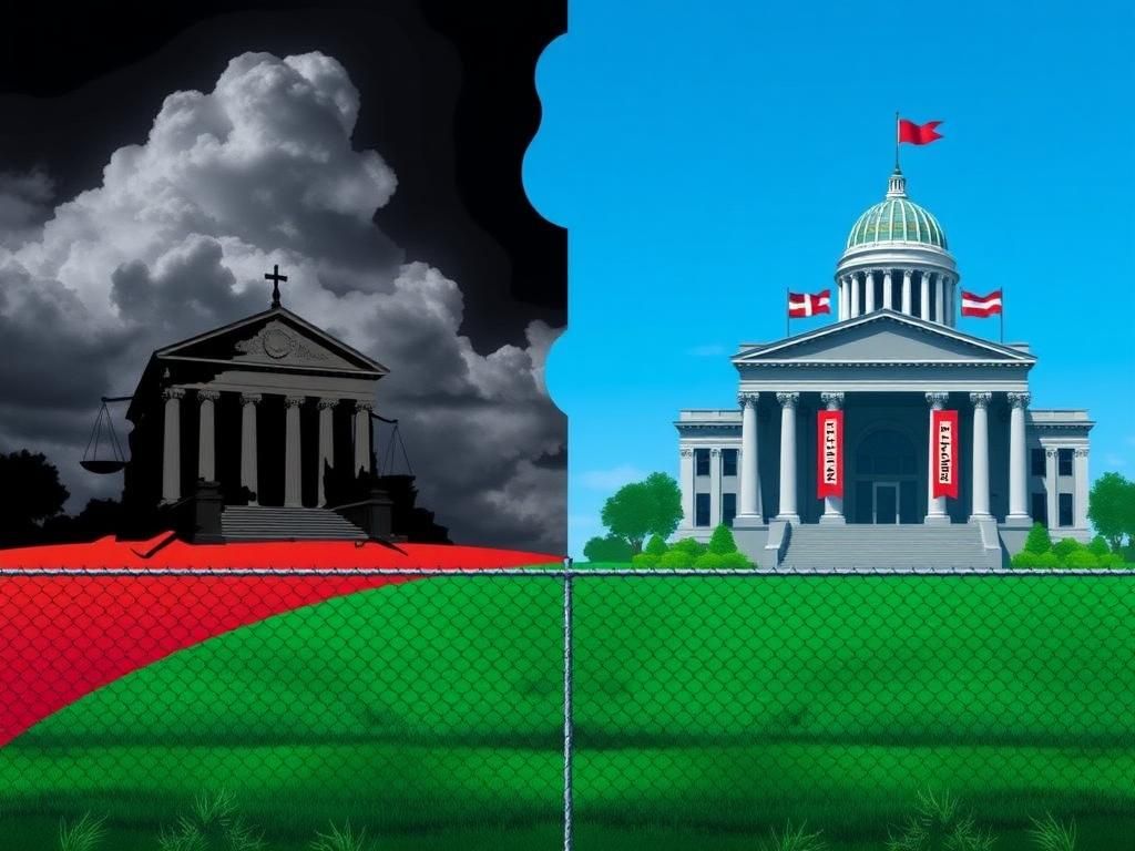 Flick International Abstract representation of divided legal landscape with crumbling courthouse and modern courthouse symbolizing immigration issues