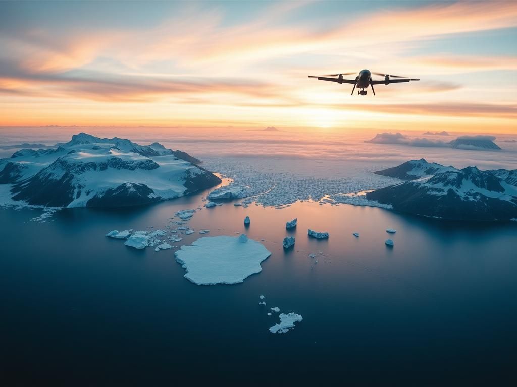 Flick International Aerial view of Greenland's icy landscape with glaciers and icebergs