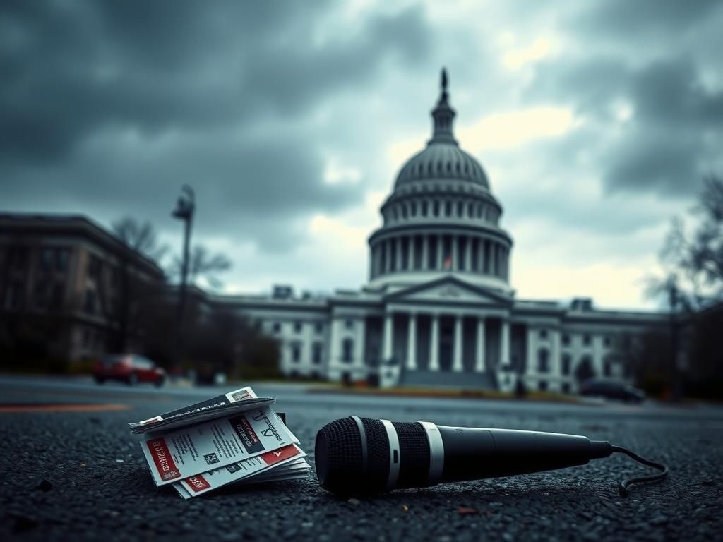 Flick International Close-up of discarded press credentials and a fallen microphone in front of the U.S. Capitol Building