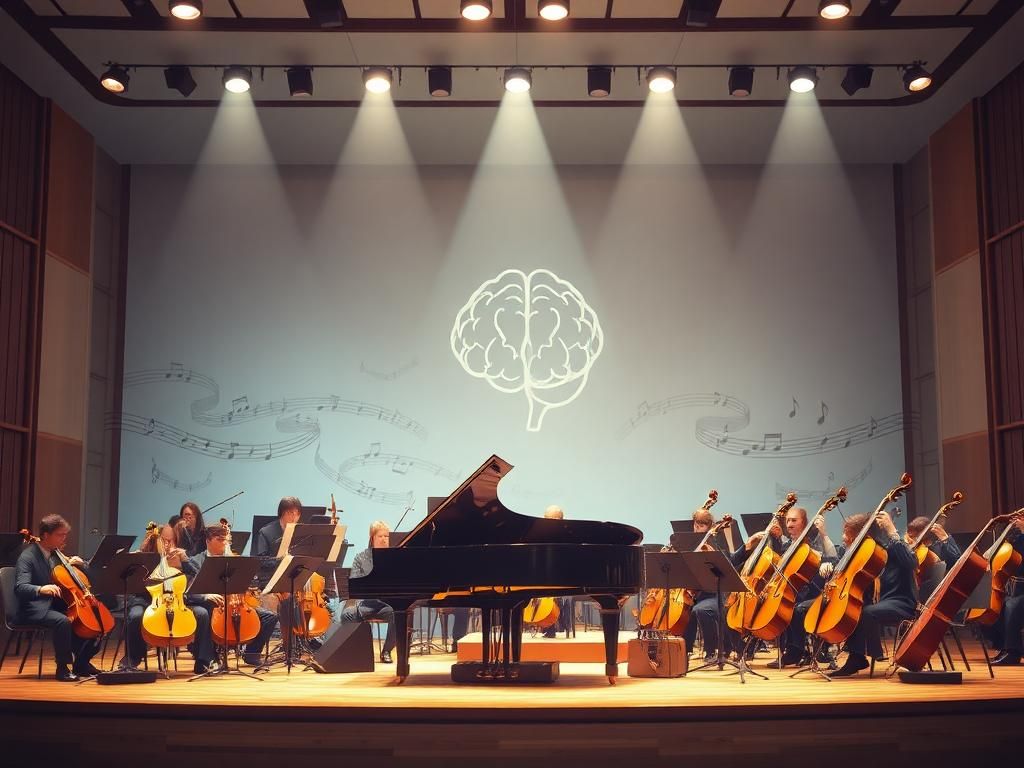 Flick International A serene symphony orchestra stage setup featuring a grand piano and various orchestral instruments symbolizing hope in the fight against Parkinson's disease
