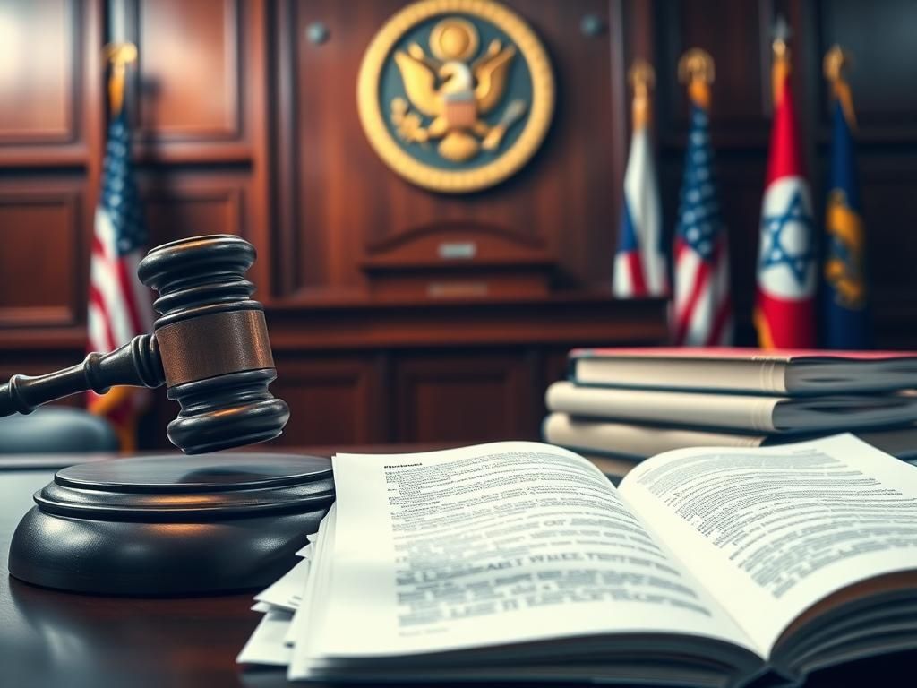 Flick International Courtroom setting with wooden bench and gavel representing justice