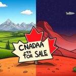 Flick International A whimsical split landscape showing serene Canadian countryside and a futuristic Martian scene