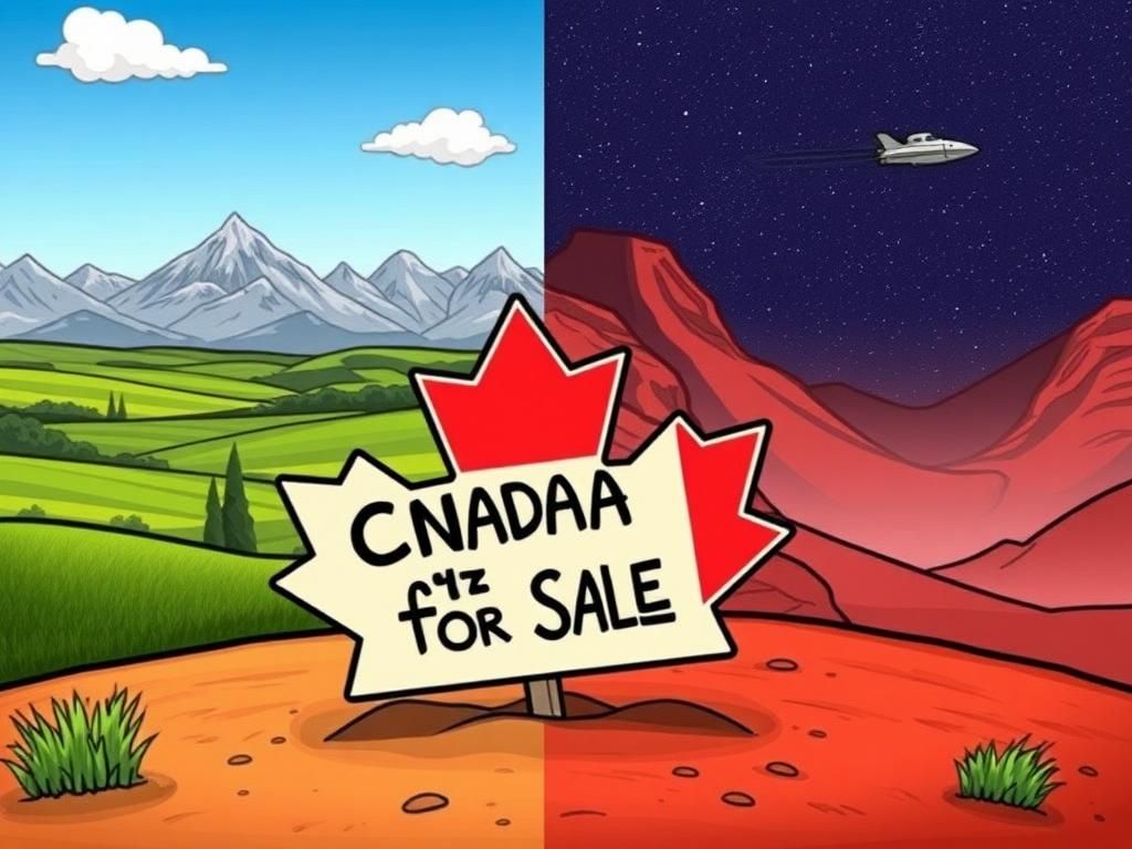 Flick International A whimsical split landscape showing serene Canadian countryside and a futuristic Martian scene