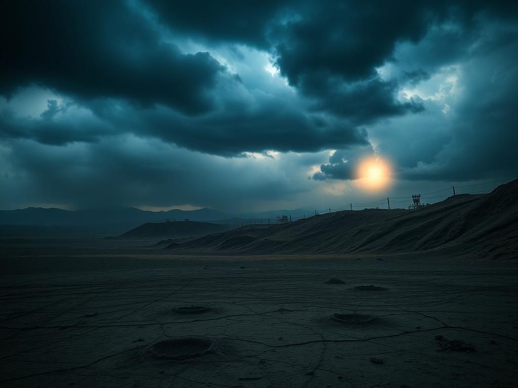 Flick International Dramatic landscape illustrating the conflict between Pakistan and India with storm clouds and barren earth