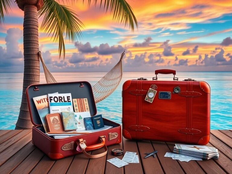 Flick International A serene tropical scene featuring a stylish travel suitcase on a wooden deck with vibrant sunset colors.