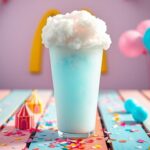 Flick International A vibrant cup of cotton candy-flavored drink with pastel cotton candy above it