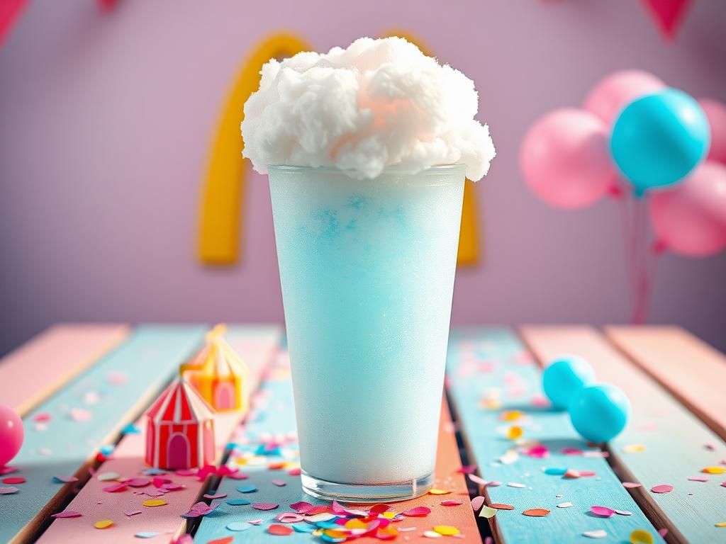 Flick International A vibrant cup of cotton candy-flavored drink with pastel cotton candy above it