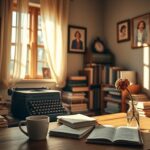 Flick International Cozy home study with vintage typewriter and books symbolizing creative work