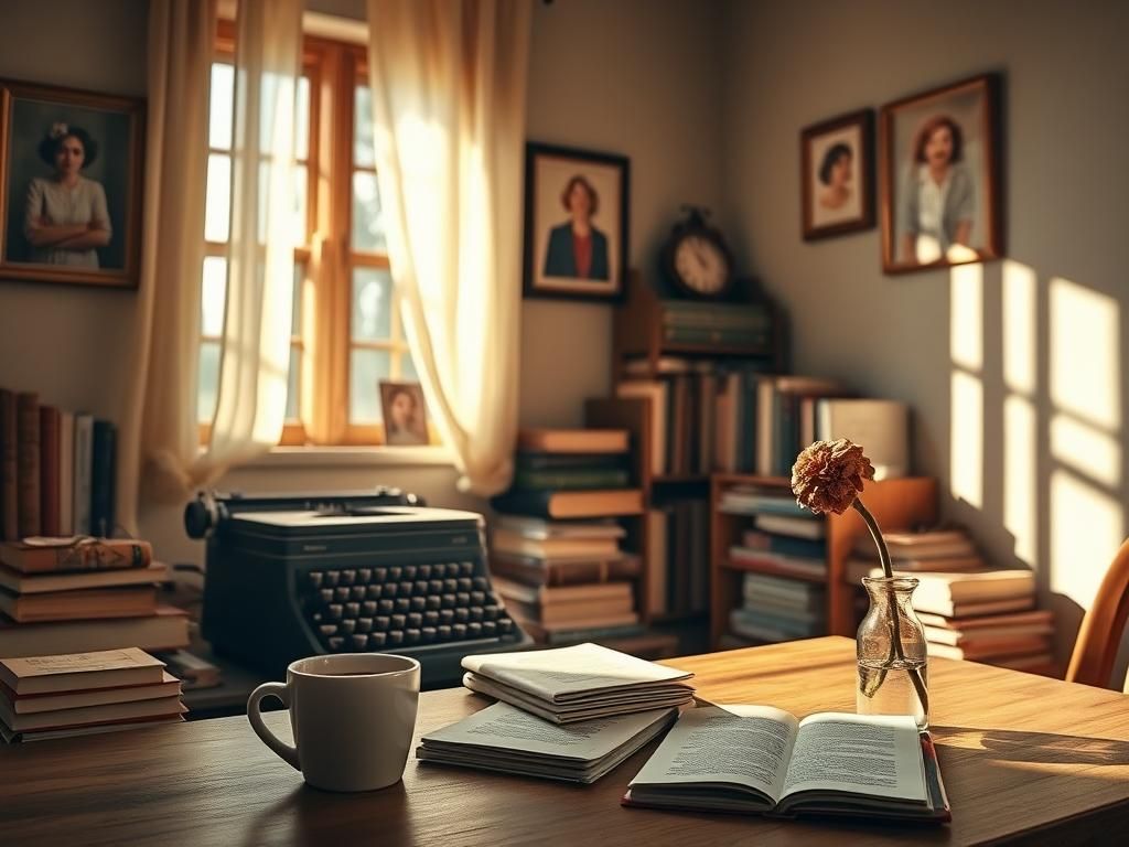 Flick International Cozy home study with vintage typewriter and books symbolizing creative work