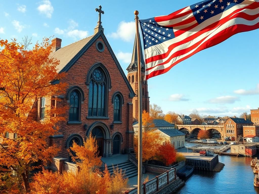 Flick International Vibrant scene of the historic Franco Center in Lewiston, Maine with autumn foliage and an American flag