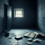Flick International Dimly lit prison cell with a discarded contraband cell phone and crumpled notes symbolizing deceit