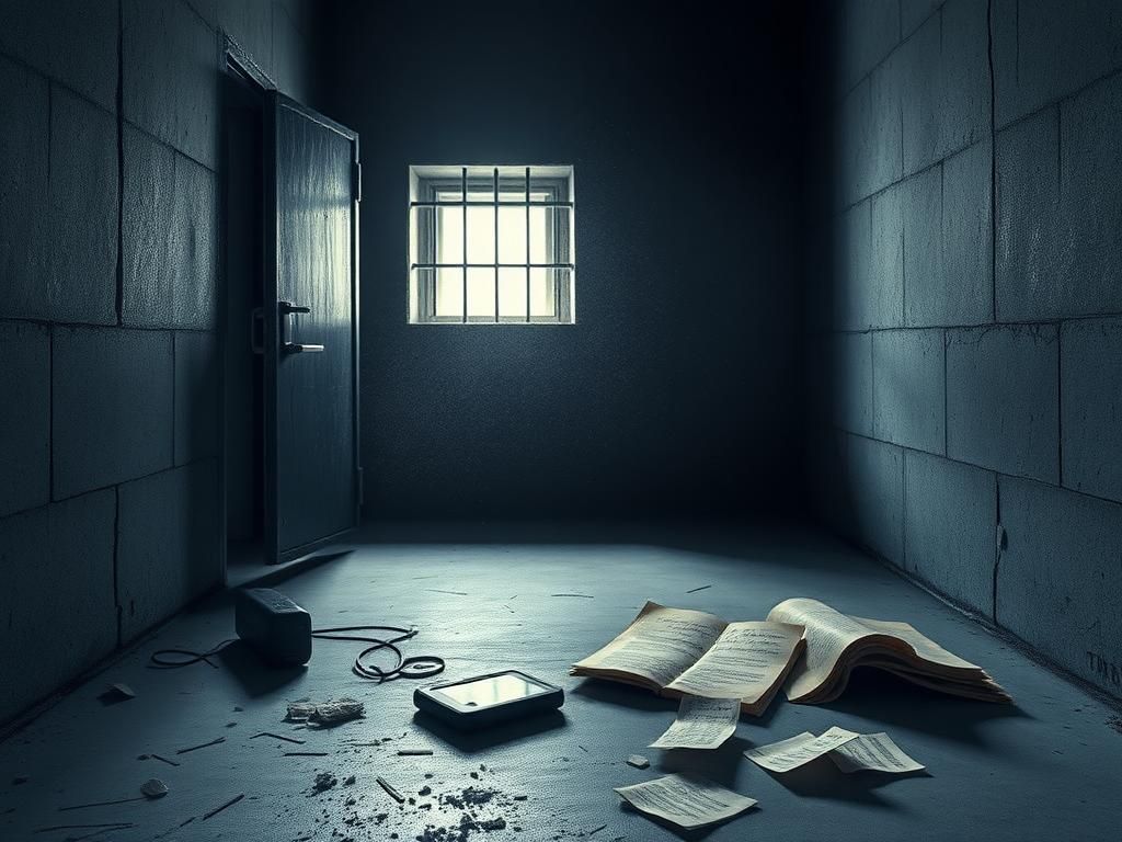 Flick International Dimly lit prison cell with a discarded contraband cell phone and crumpled notes symbolizing deceit